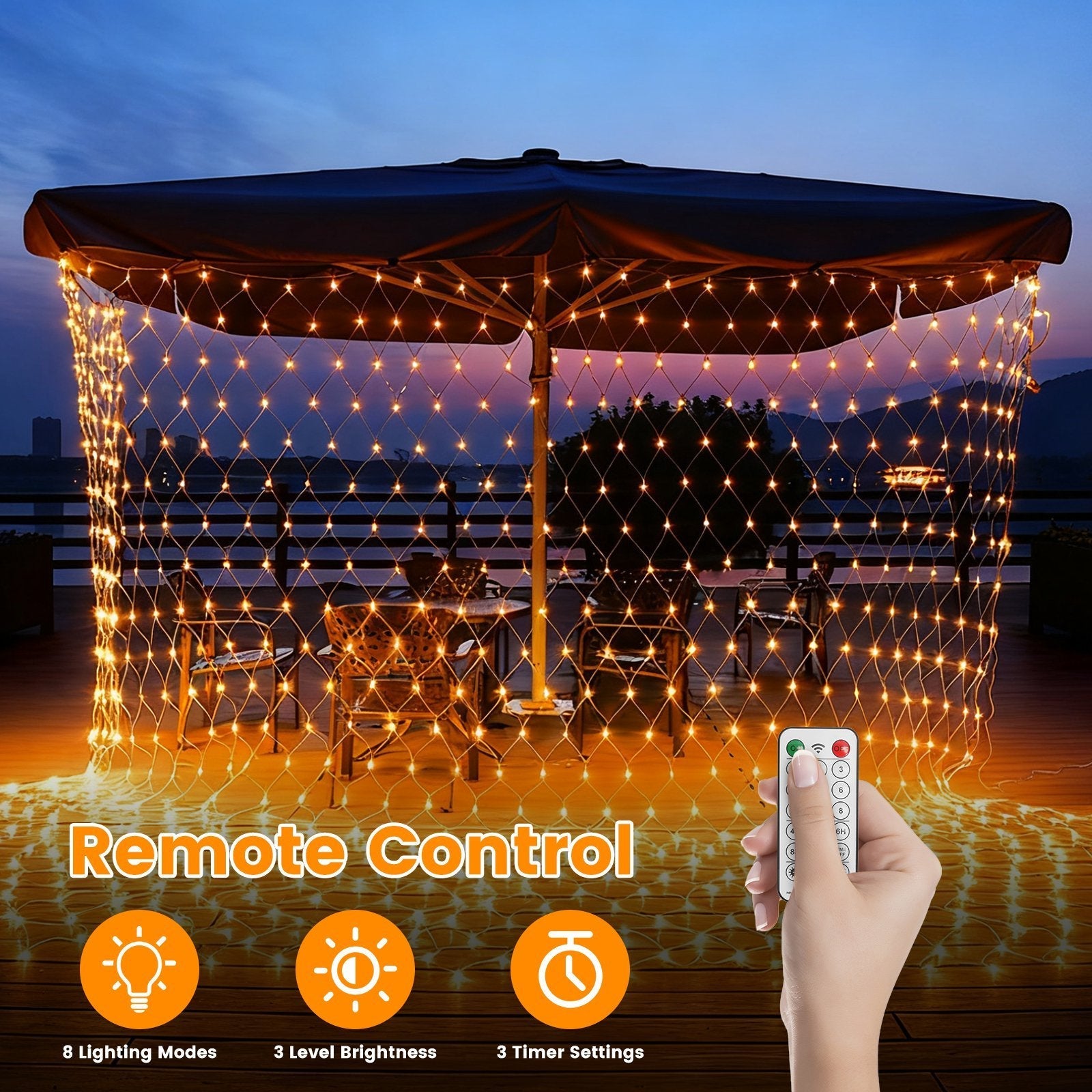 HKM-037139 192 LED Solar Christmas Net Lights 9.84x6.56FT, Dimmable, 8 Modes, IP44 Waterproof, Remote Control Timer for Indoor/Outdoor Decorations