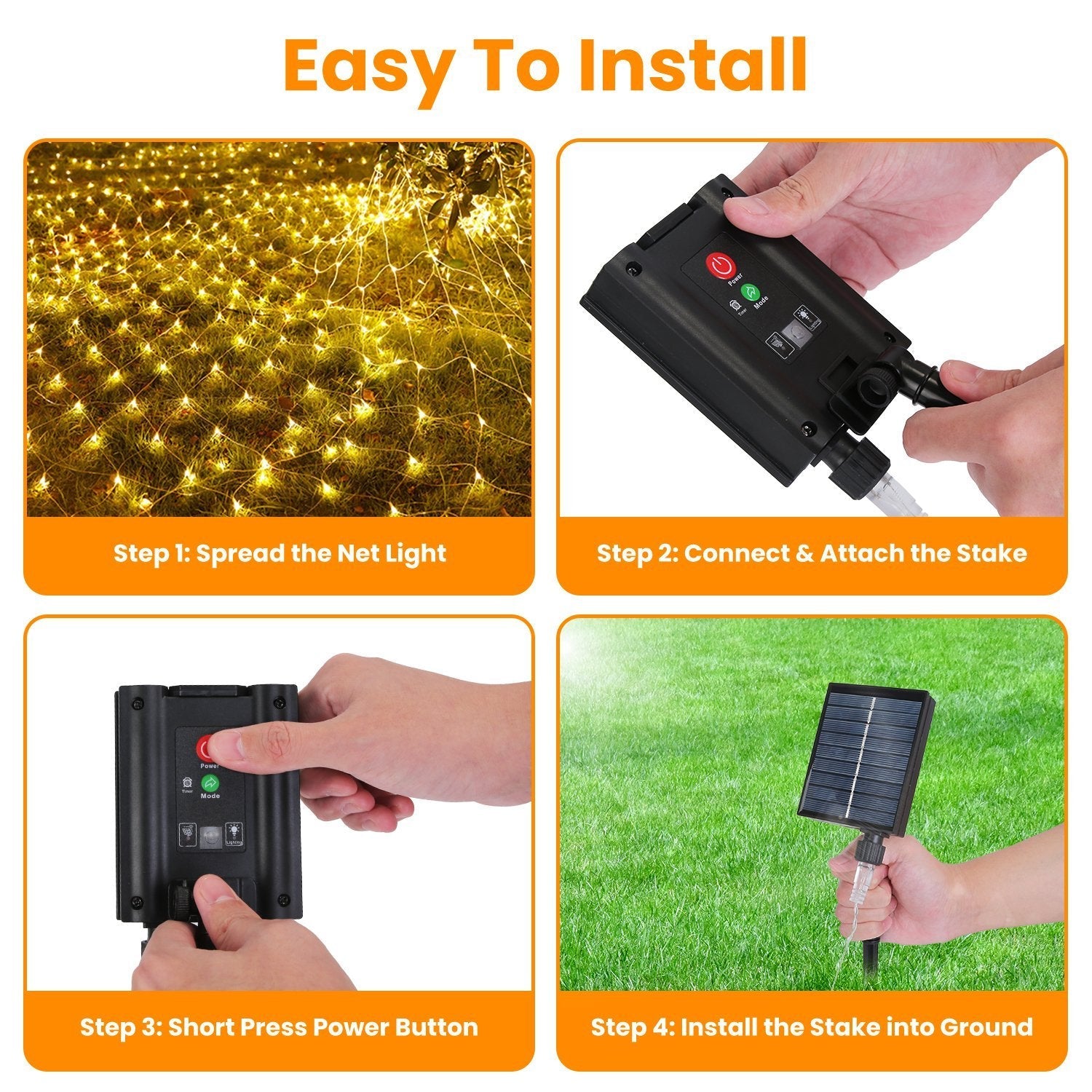 HKM-037139 192 LED Solar Christmas Net Lights 9.84x6.56FT, Dimmable, 8 Modes, IP44 Waterproof, Remote Control Timer for Indoor/Outdoor Decorations