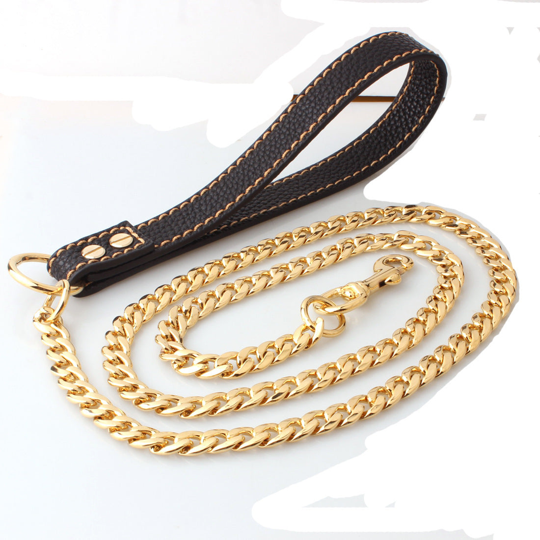 HKM-037971 Gold Stainless Steel Full Welded NK Chain Leather Traction Leash - Black and Brown PU Options
