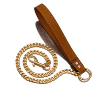 HKM-037971 Gold Stainless Steel Full Welded NK Chain Leather Traction Leash - Black and Brown PU Options