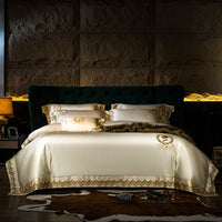 HKM-038483 Silk Cotton Embroidery Four-Piece Bedding Set in Solid Color - Long-Staple Cotton, Standard and Plus Sizes Available