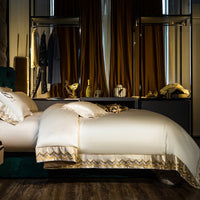 HKM-038483 Silk Cotton Embroidery Four-Piece Bedding Set in Solid Color - Long-Staple Cotton, Standard and Plus Sizes Available