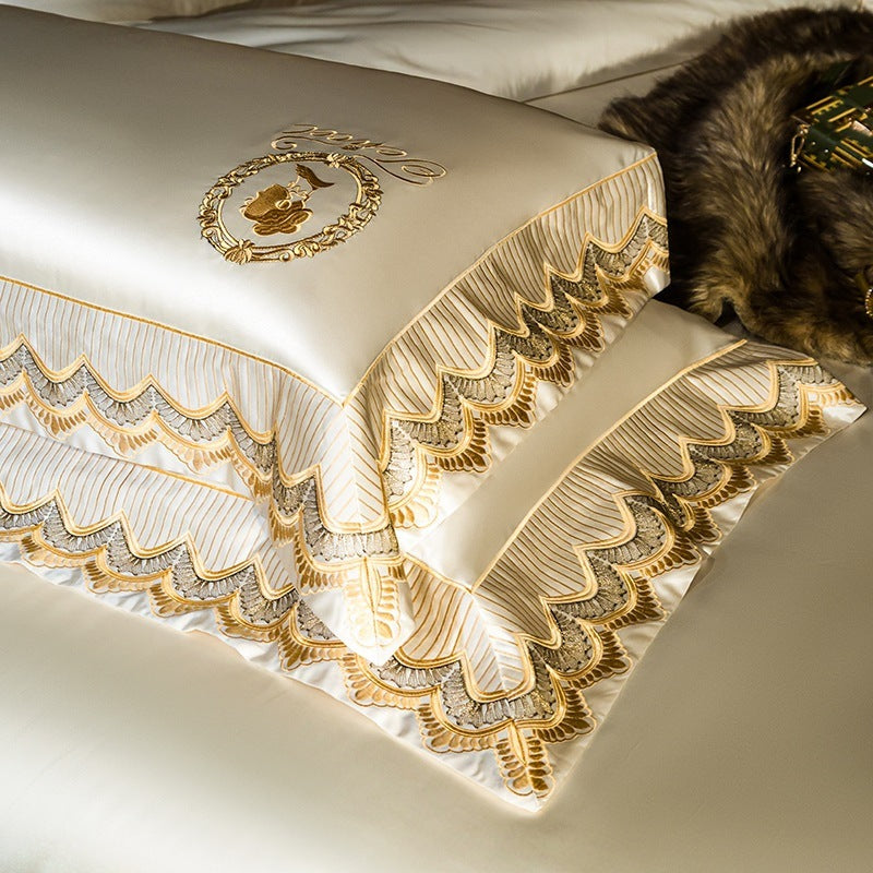 HKM-038483 Silk Cotton Embroidery Four-Piece Bedding Set in Solid Color - Long-Staple Cotton, Standard and Plus Sizes Available