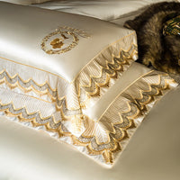 HKM-038483 Silk Cotton Embroidery Four-Piece Bedding Set in Solid Color - Long-Staple Cotton, Standard and Plus Sizes Available