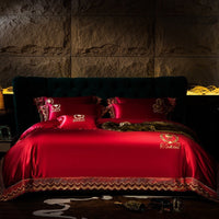 HKM-038483 Silk Cotton Embroidery Four-Piece Bedding Set in Solid Color - Long-Staple Cotton, Standard and Plus Sizes Available