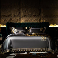 HKM-038483 Silk Cotton Embroidery Four-Piece Bedding Set in Solid Color - Long-Staple Cotton, Standard and Plus Sizes Available