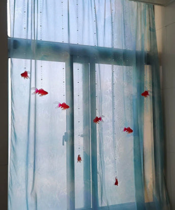 KTX-038867 Goldfish Beaded Curtain with Blue Fabric and Wire Hangers