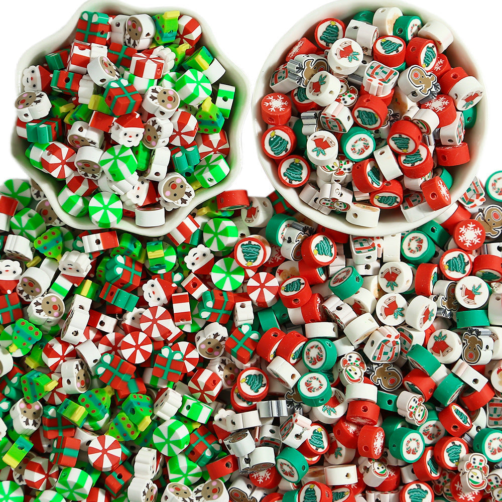 HKM-039123 Christmas Soft Pottery Polymer Clay Beads - Santa Claus and Elk Designs, 6mm, Pack of 100