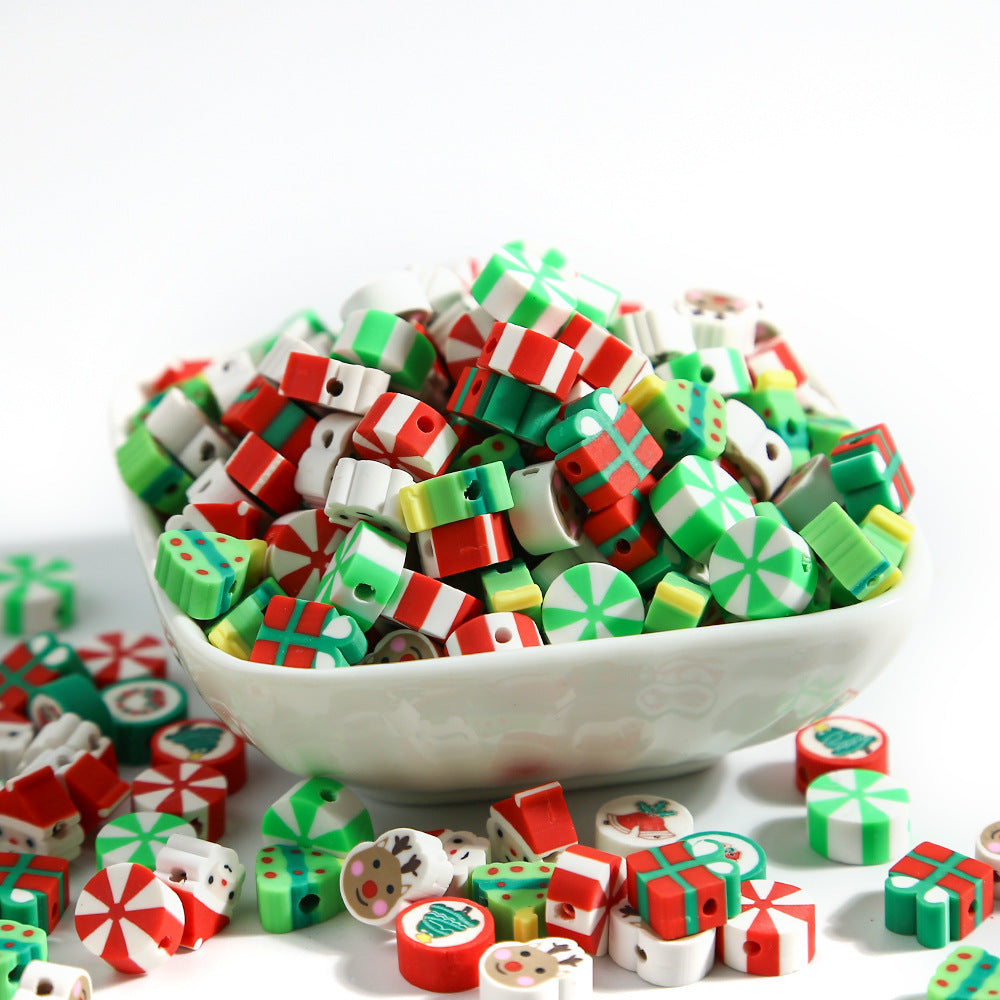 HKM-039123 Christmas Soft Pottery Polymer Clay Beads - Santa Claus and Elk Designs, 6mm, Pack of 100
