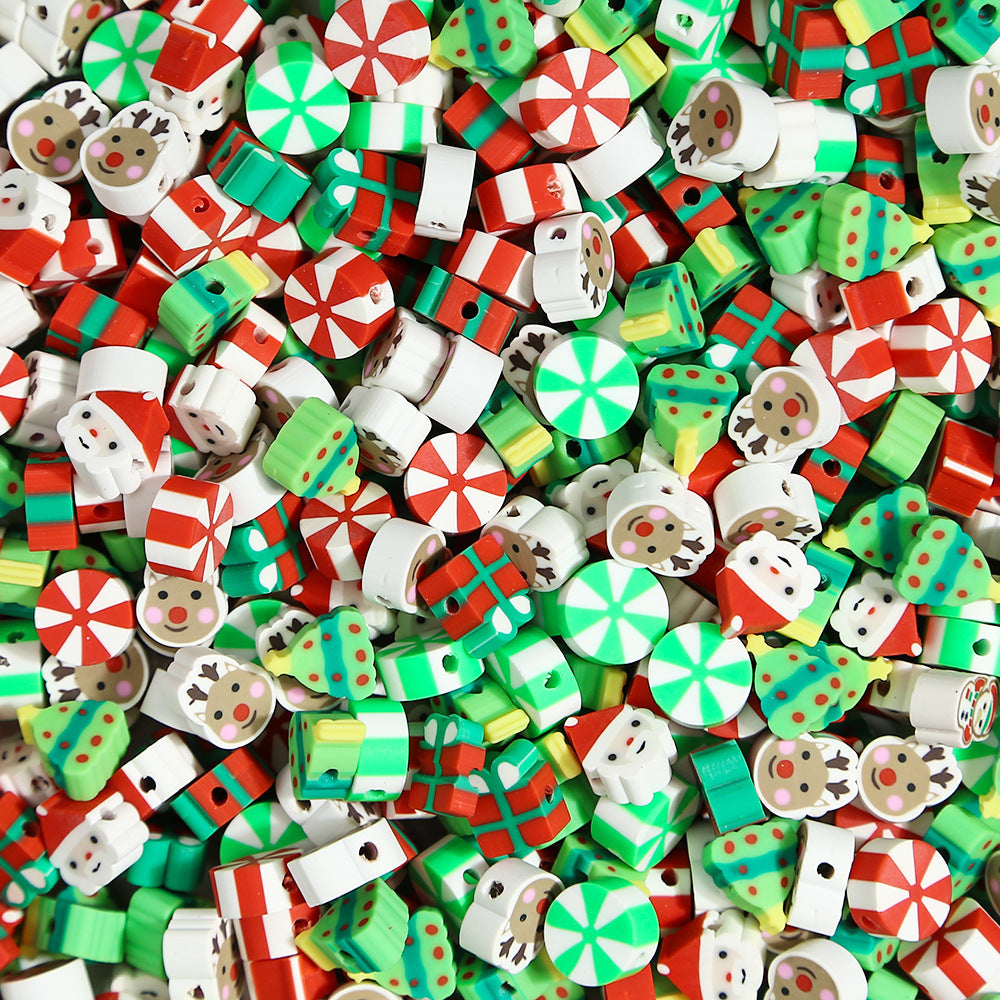 HKM-039123 Christmas Soft Pottery Polymer Clay Beads - Santa Claus and Elk Designs, 6mm, Pack of 100