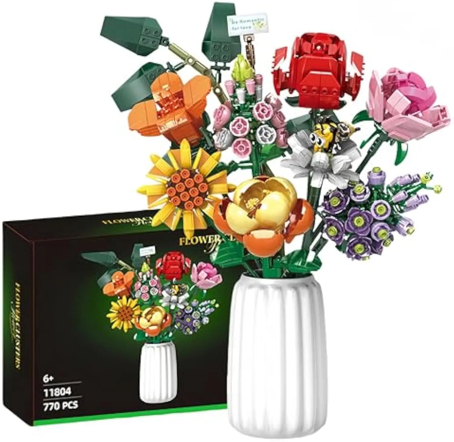 Flower Bouquet Building Blocks Set - 40-Piece DIY Toy for Ages 2 and Up - Includes Rose Design