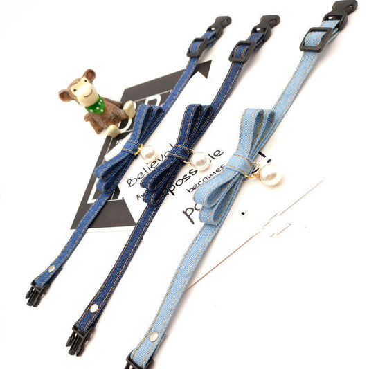 HKM-039187 Denim Color Cat and Dog Collar with Pearl Bell - Adjustable Sizes in Light, Medium, and Dark Denim
