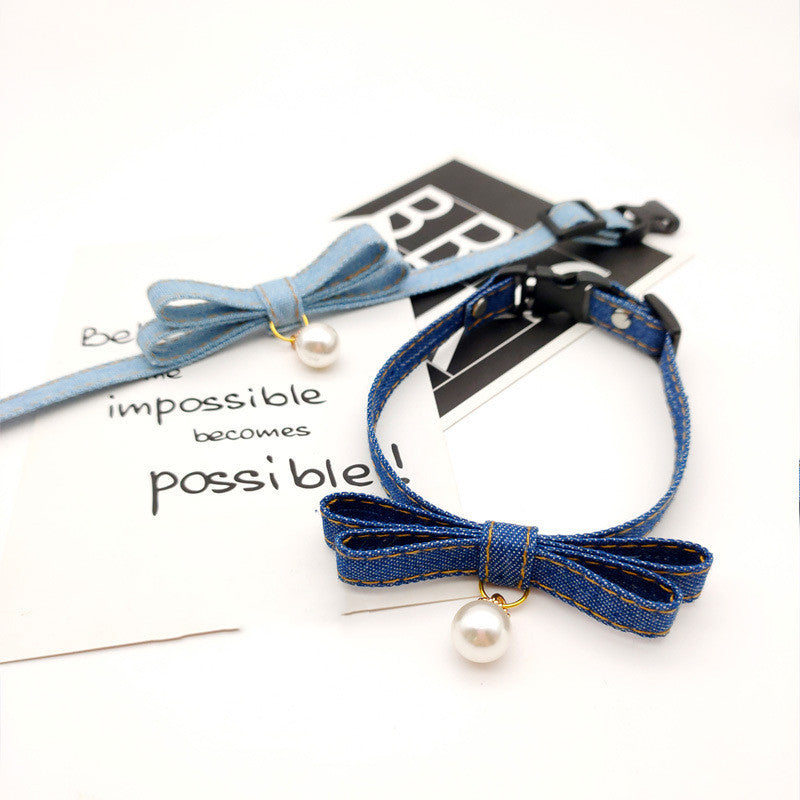 HKM-039187 Denim Color Cat and Dog Collar with Pearl Bell - Adjustable Sizes in Light, Medium, and Dark Denim