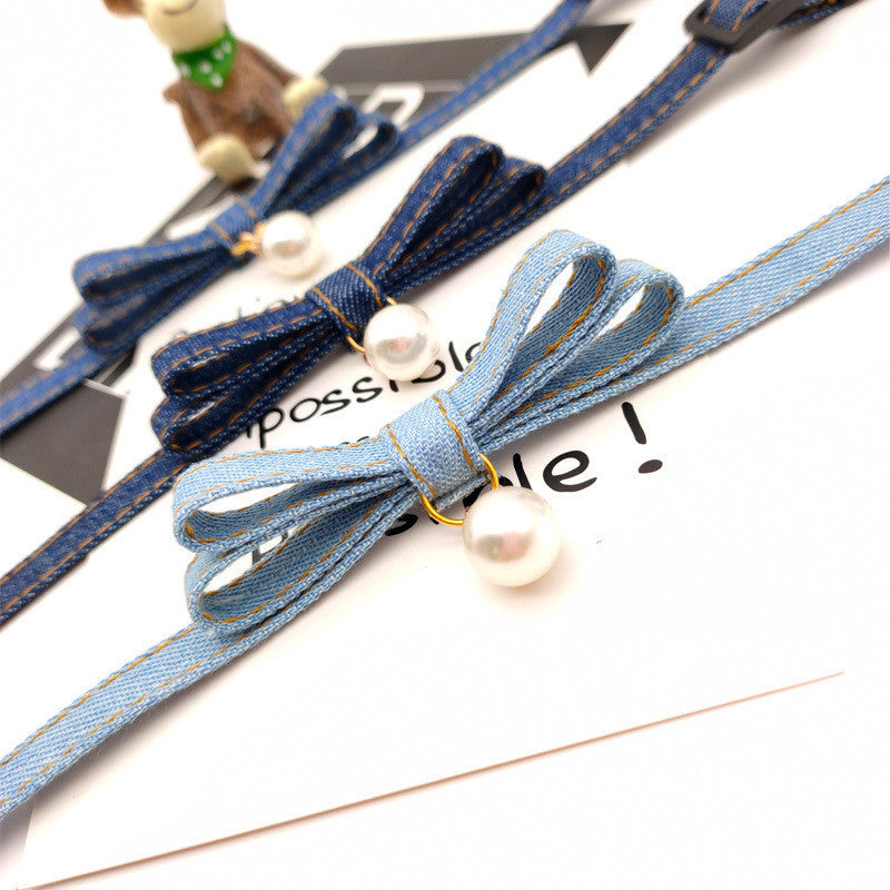 HKM-039187 Denim Color Cat and Dog Collar with Pearl Bell - Adjustable Sizes in Light, Medium, and Dark Denim