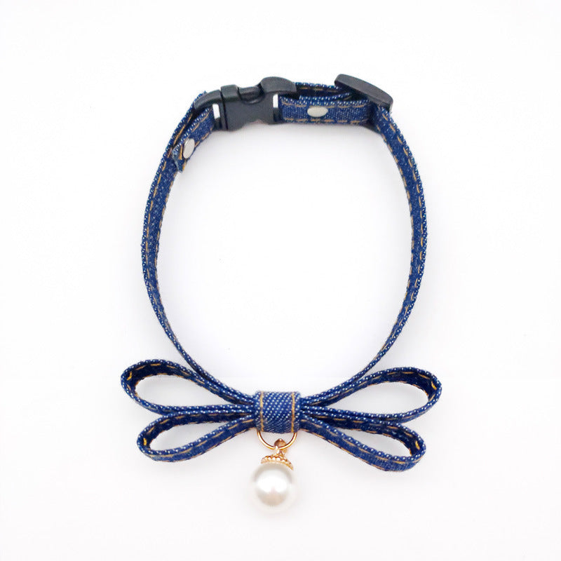 HKM-039187 Denim Color Cat and Dog Collar with Pearl Bell - Adjustable Sizes in Light, Medium, and Dark Denim
