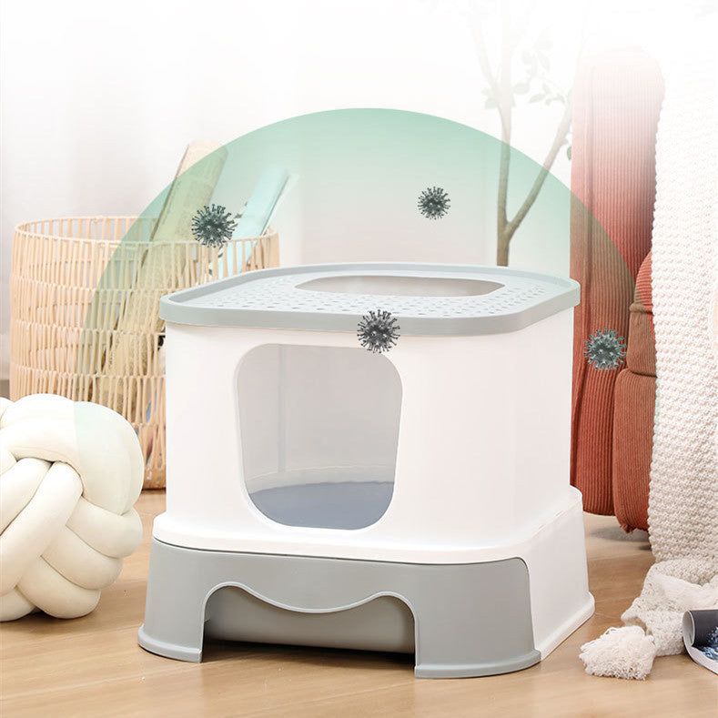 HKM-039251 Closed Cat Litter Box with Splash Prevention in Gray and Pink