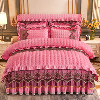 HKM-039635 Crystal Velvet Quilted Four-Piece Duvet Cover and Bed Skirt Set