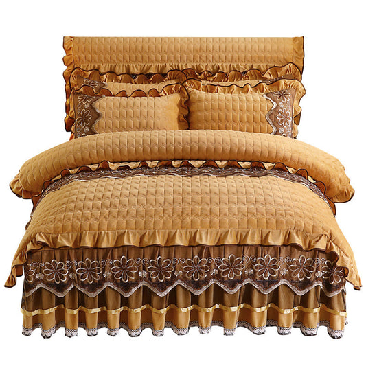 HKM-039635 Crystal Velvet Quilted Four-Piece Duvet Cover and Bed Skirt Set