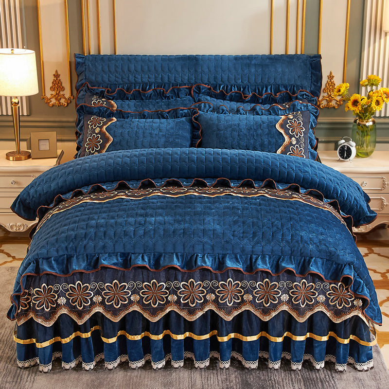 HKM-039635 Crystal Velvet Quilted Four-Piece Duvet Cover and Bed Skirt Set