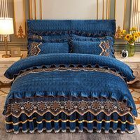 HKM-039635 Crystal Velvet Quilted Four-Piece Duvet Cover and Bed Skirt Set