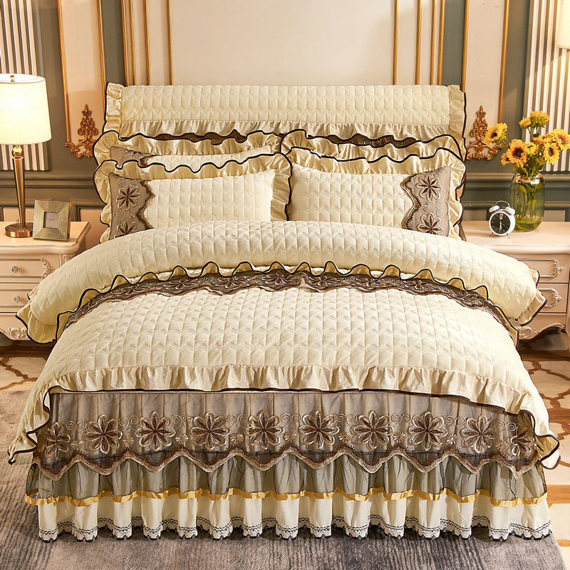 HKM-039635 Crystal Velvet Quilted Four-Piece Duvet Cover and Bed Skirt Set