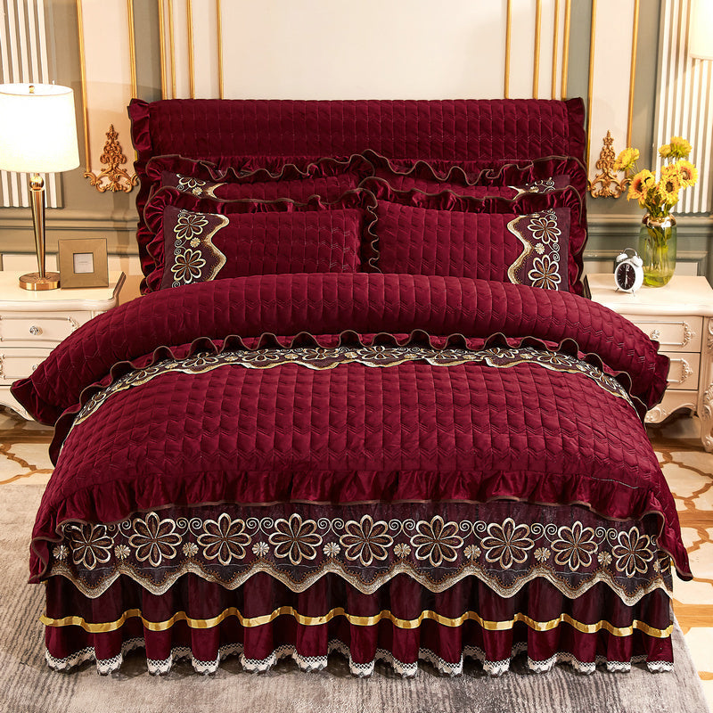HKM-039635 Crystal Velvet Quilted Four-Piece Duvet Cover and Bed Skirt Set