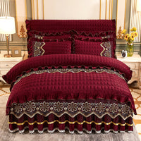 HKM-039635 Crystal Velvet Quilted Four-Piece Duvet Cover and Bed Skirt Set