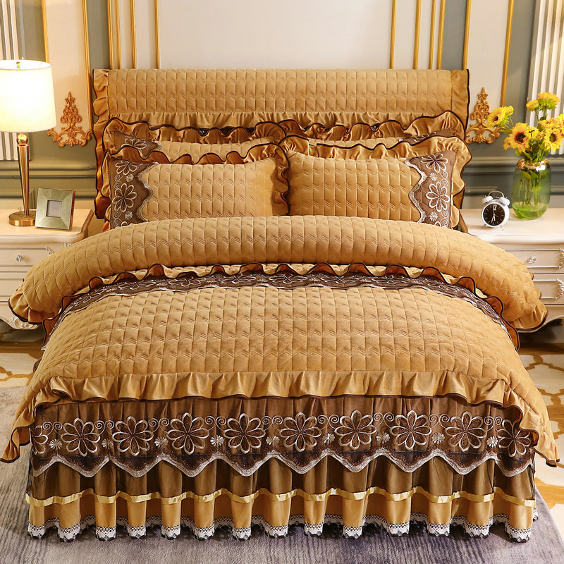 HKM-039635 Crystal Velvet Quilted Four-Piece Duvet Cover and Bed Skirt Set