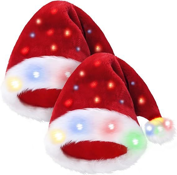 HKM-039763 Luminous Plush Christmas Hat with LED Lights for Adults and Kids - Warm White & Colored Options