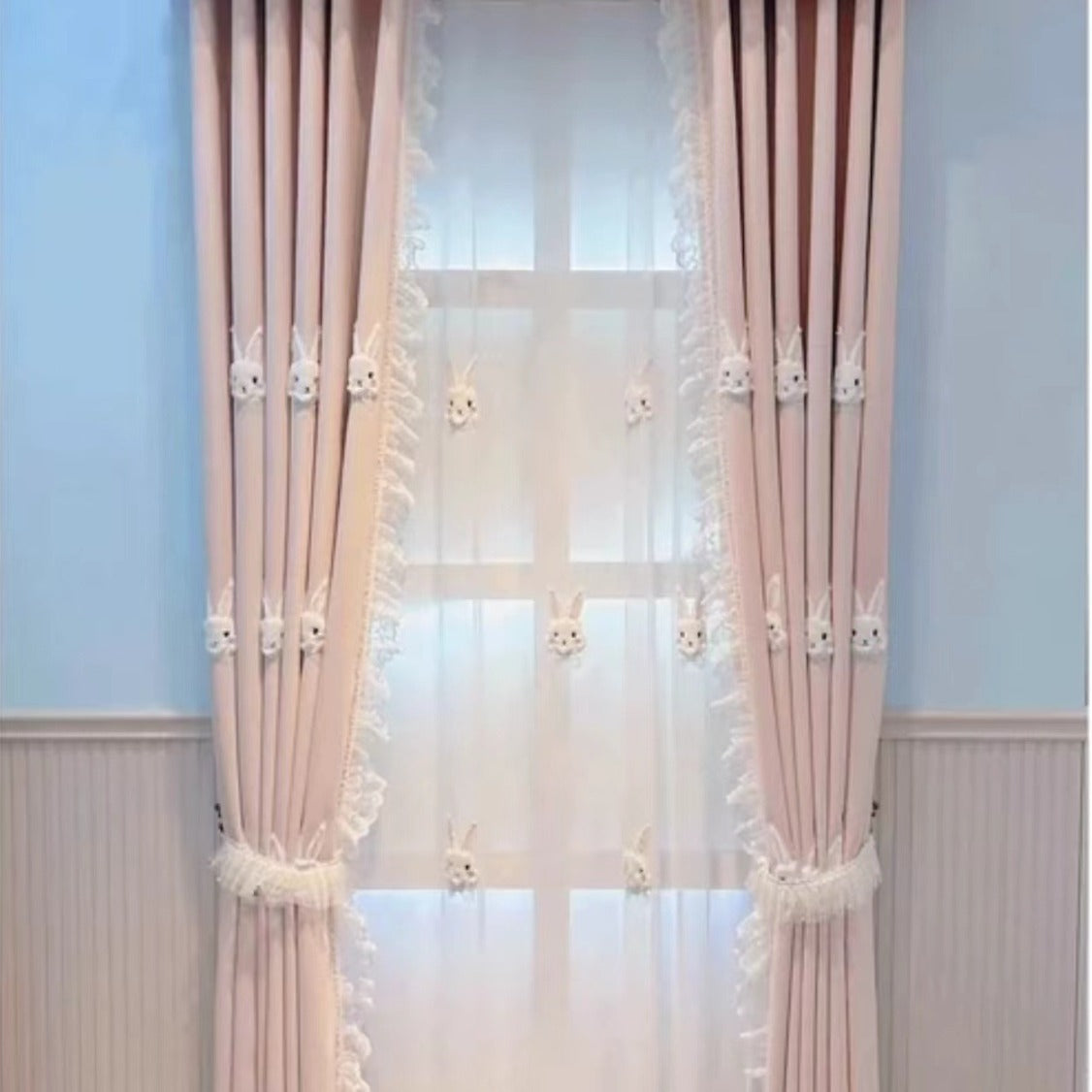 KTX-040019 Plush Pink Rabbit Curtains for Children's Rooms with High Shading and Embroidery