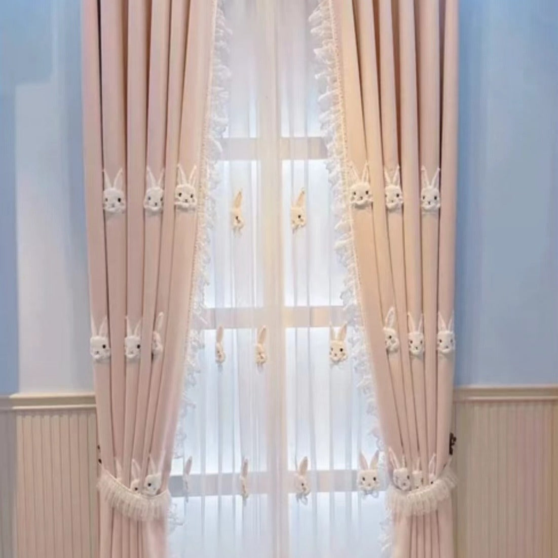 KTX-040019 Plush Pink Rabbit Curtains for Children's Rooms with High Shading and Embroidery