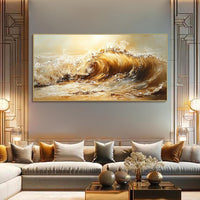 HKM-040403 Abstract Yellow Waves Handmade Oil Painting on Canvas - Unstretched Art for Home Decor