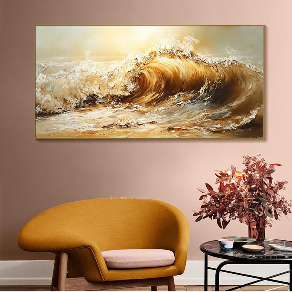 KTX-040403 Abstract Yellow Waves Handmade Oil Painting on Canvas - Unstretched Art for Home Decor