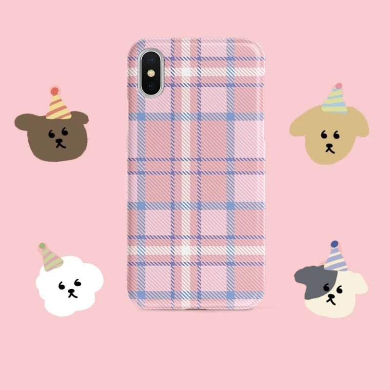 HKM-040723 Korean Style Pink Plaid Phone Case with Stand for iPhone Models