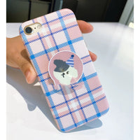 HKM-040723 Korean Style Pink Plaid Phone Case with Stand for iPhone Models