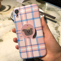 HKM-040723 Korean Style Pink Plaid Phone Case with Stand for iPhone Models