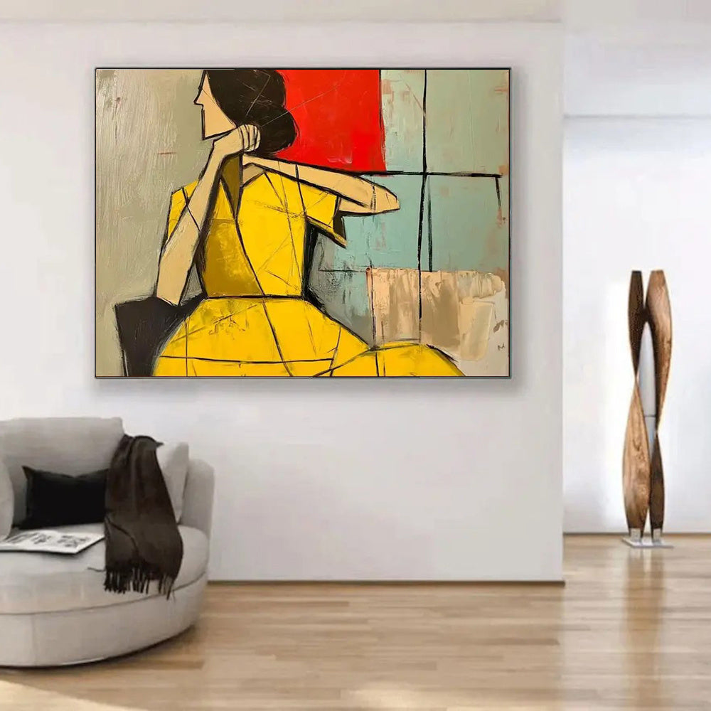 HKM-041555 Abstract Woman Oil Painting - Handmade Large Brown Green Texture Artwork for Modern Décor