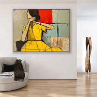 HKM-041555 Abstract Woman Oil Painting - Handmade Large Brown Green Texture Artwork for Modern Décor