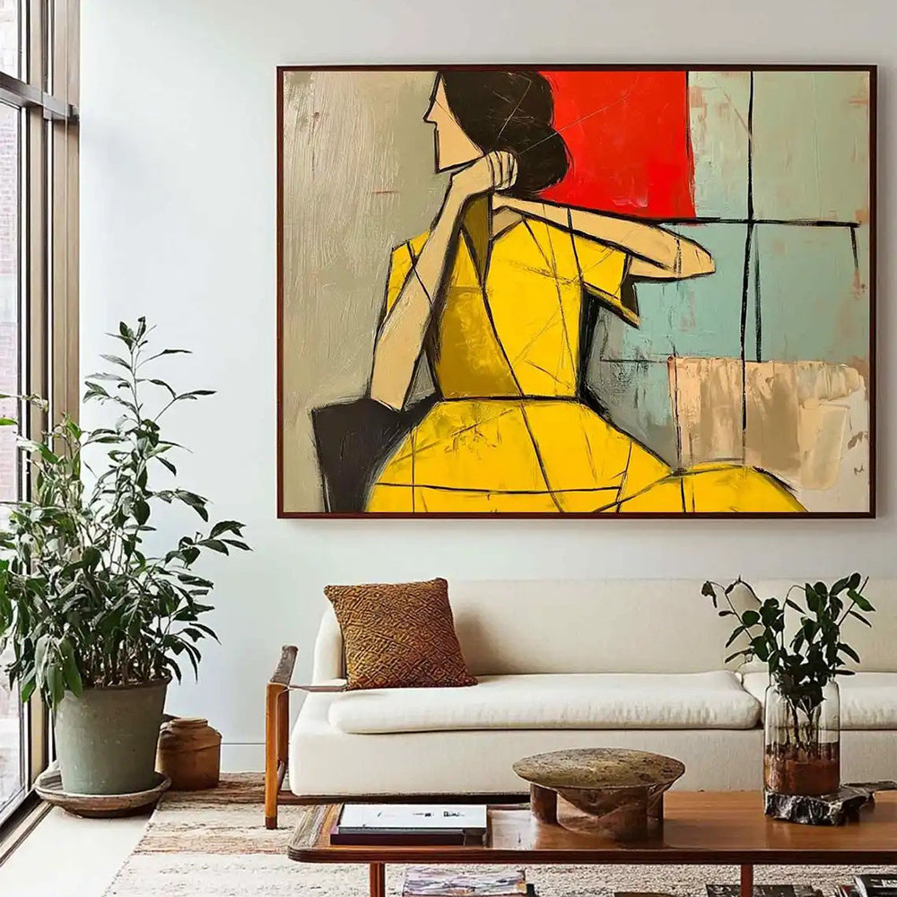 HKM-041555 Abstract Woman Oil Painting - Handmade Large Brown Green Texture Artwork for Modern Décor