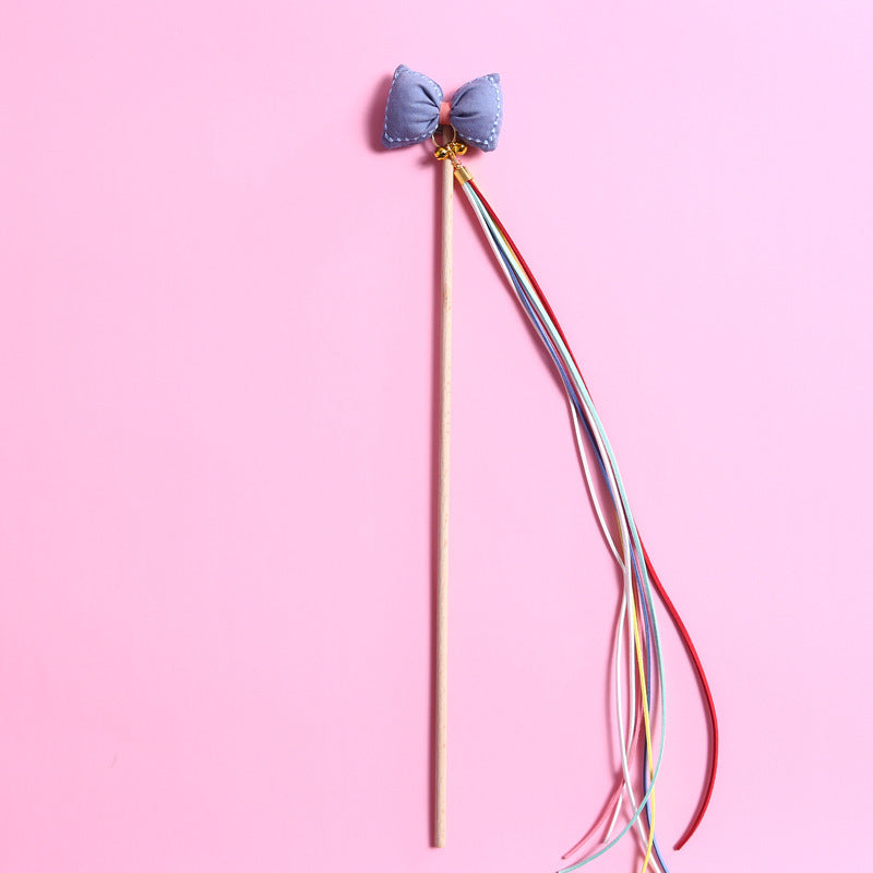 HKM-041619 Three-Dimensional Rainbow Bow Tassel Cat Teasing Stick with Bells
