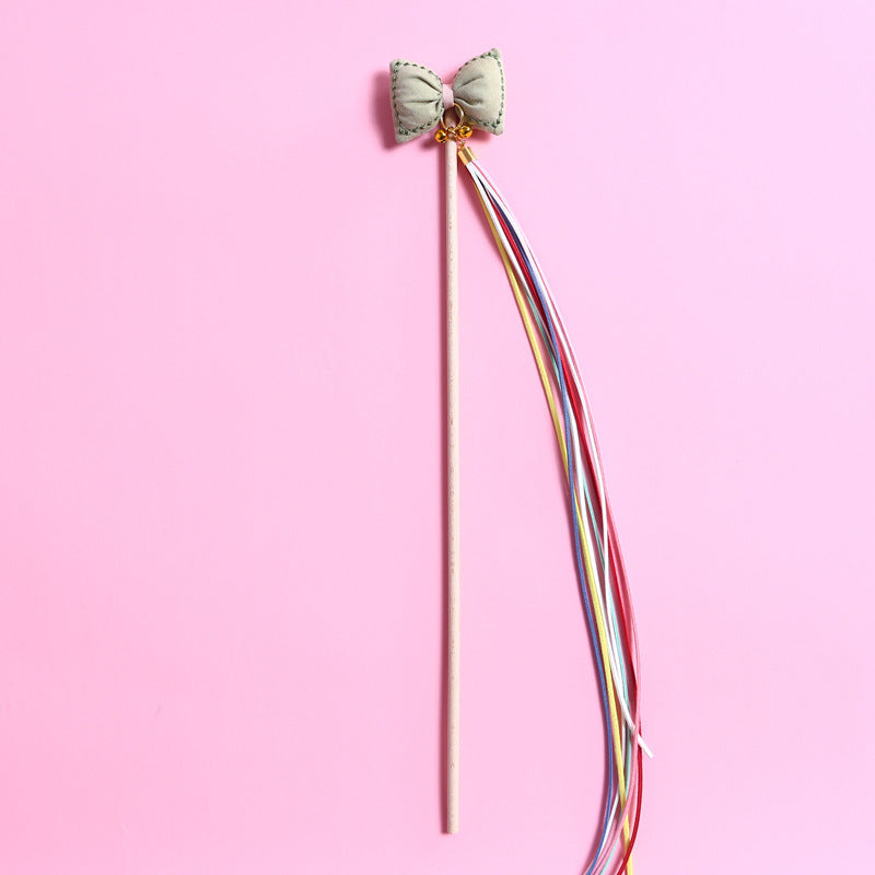 HKM-041619 Three-Dimensional Rainbow Bow Tassel Cat Teasing Stick with Bells