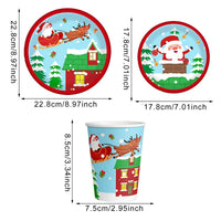 HKM-041747 Christmas Party Tableware Set - 30 Pieces of Elk & Claus Paper Plates and Cups for Holiday Dinner
