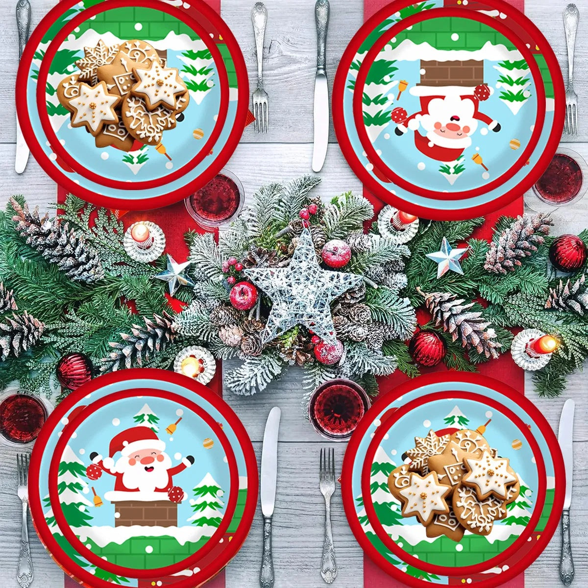 HKM-041747 Christmas Party Tableware Set - 30 Pieces of Elk & Claus Paper Plates and Cups for Holiday Dinner