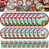 HKM-041747 Christmas Party Tableware Set - 30 Pieces of Elk & Claus Paper Plates and Cups for Holiday Dinner