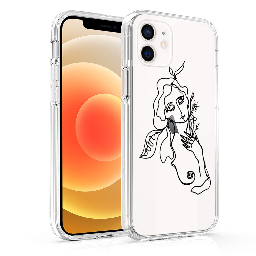 HKM-041875 Artistic TPU Phone Case for iPhone 12, Featuring Mona Lisa and Van Gogh Line Art