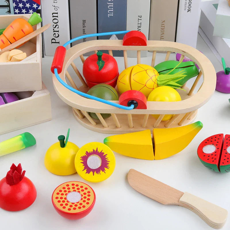 KTX-041875 Wooden Fruit and Vegetable Cutting Play Set for Kids Age 2-4, Educational Pretend Play Kitchen Toy