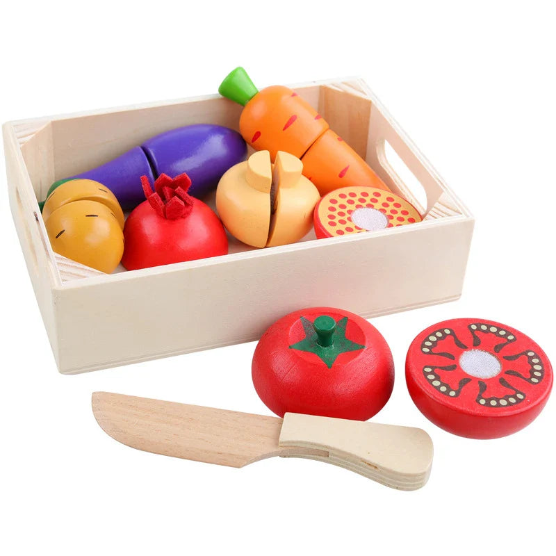KTX-041875 Wooden Fruit and Vegetable Cutting Play Set for Kids Age 2-4, Educational Pretend Play Kitchen Toy