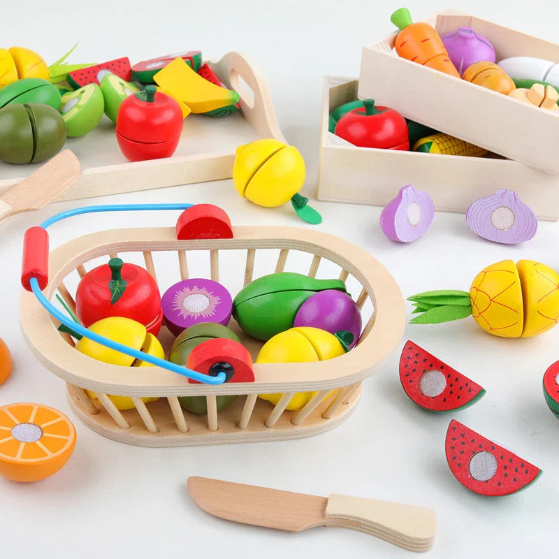 KTX-041875 Wooden Fruit and Vegetable Cutting Play Set for Kids Age 2-4, Educational Pretend Play Kitchen Toy