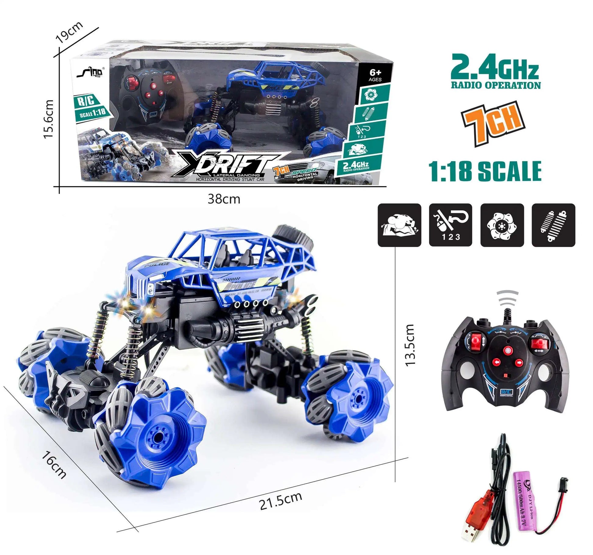 HKM-042579 Remote Control Off-Road Drift Stunt Car for Kids - High Speed Electric Vehicle - 1:18 Scale