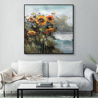 HKM-042707 Hand-Painted Abstract Countryside Oil Painting with Sunflowers on Canvas for Home Decor